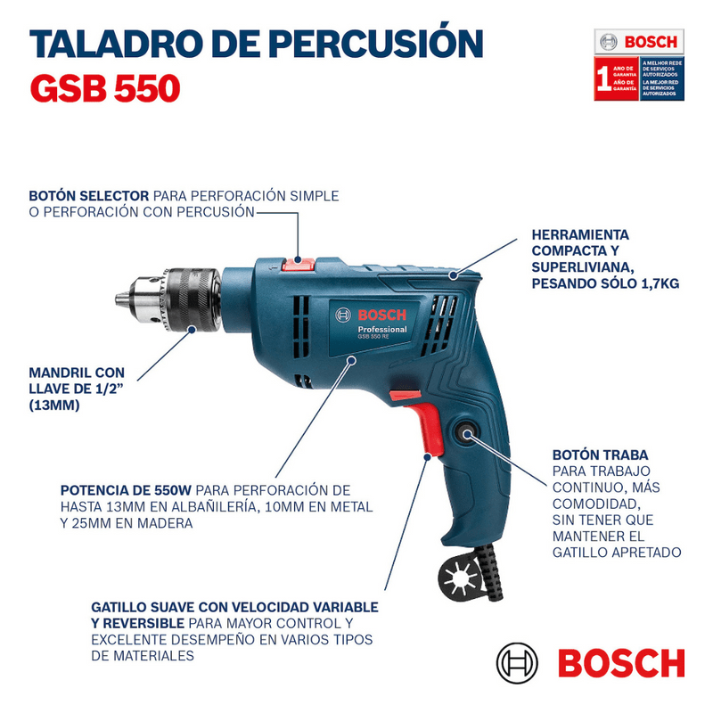 Taladro Percutor  Bosch GSB 550RE 13mm Caja Carton 550W 