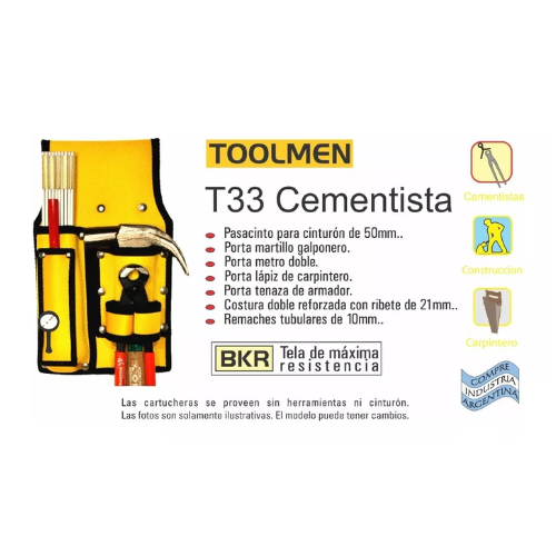 Cinturon Toolmen Cementista. Para 1 martillo galponero, 1 metro doble, 1 tenaza armador, 1 lápiz.